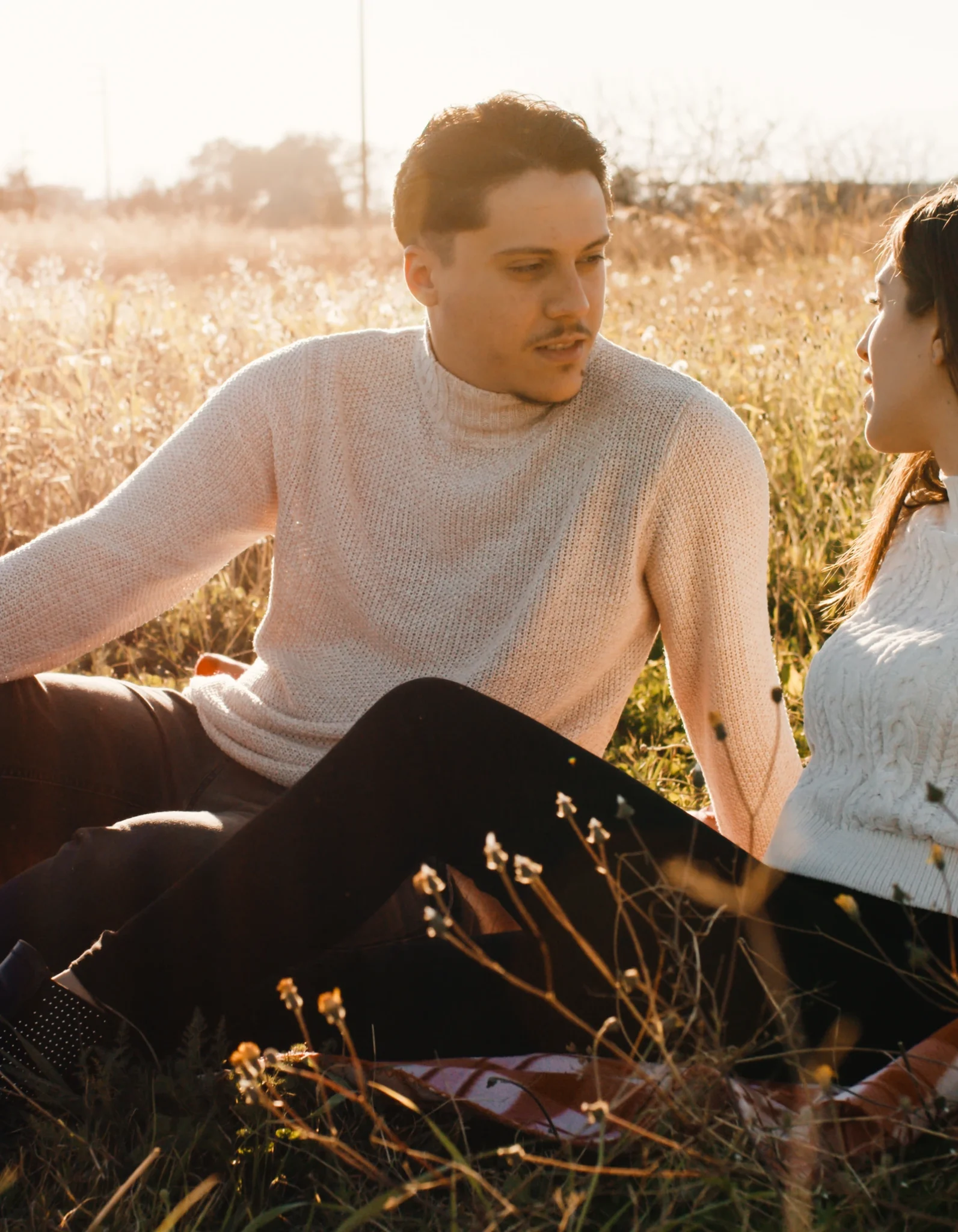 A couple sitting together in a golden field